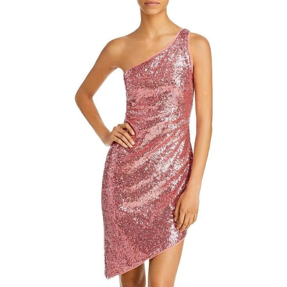 Aqua One-Shoulder Rose Pink Sequin Asymmetrical Dress